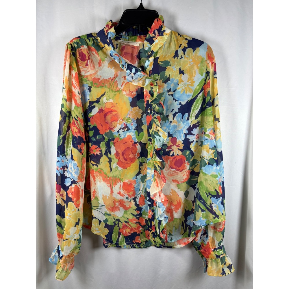 Rivir‎ Women Floral Ruffle Chiffon Blouse Long Sleeve Button Up Top CK342T Large